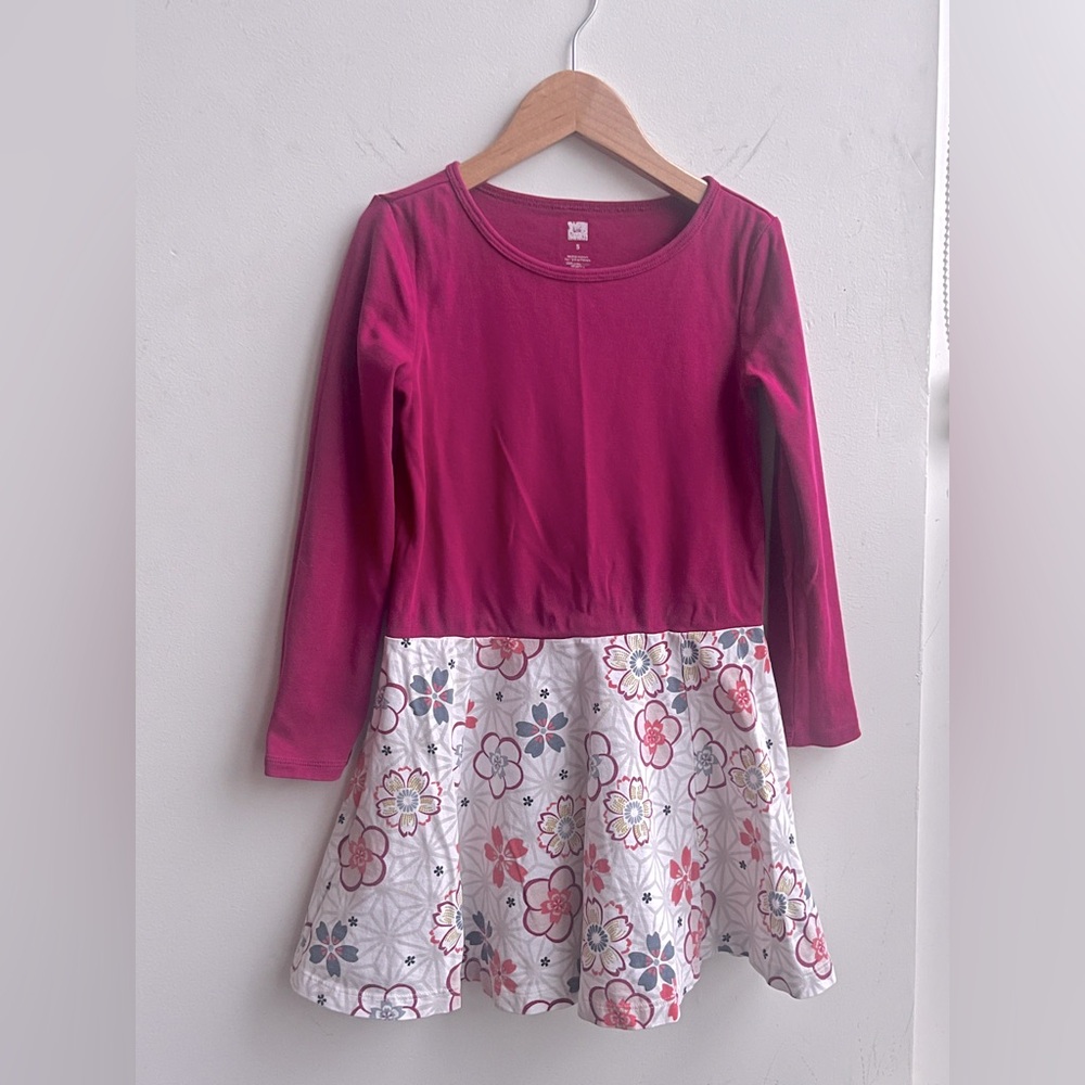 🌺 Tea Collection Cotton Long Sleeve 70s Floral Skater Skirted Dress Pink White 5